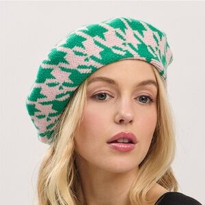 Stylish Pink & Green Knit Beret
